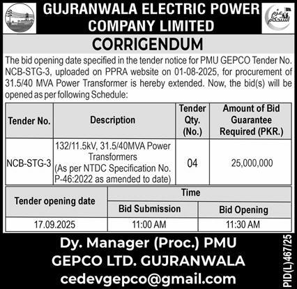 Gujranwala Electric Power Company Limited Tender Notice
